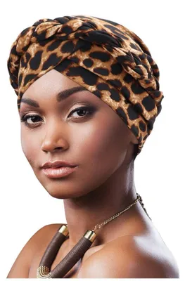 Immagine prodotto di Turbante da donna, copricapo intrecciato, beanie prefabbricato, cuffia, sciarpa per capelli, cuffia da notte, motivo leopardato, poliestere, taglia unica, confezione singola