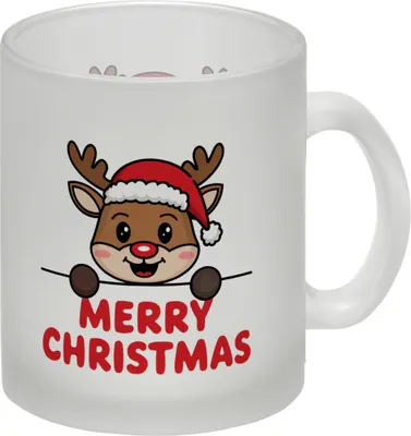 Produktbild von Rentier mit Weihnachtsmütze - MERRY CHRISTMAS Glas Tasse