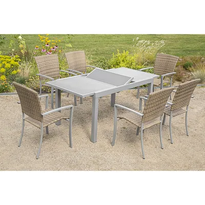 Obrázek produktu pro Merxx 7ks zahradní nábytek Savona - 6 křesel, 1 stůl - barva: stříbrná - rozměry: křeslo: 59x59x92 cm stůl:140/200x90x75 cm; 6x 28231-228 + 1x 26451-219