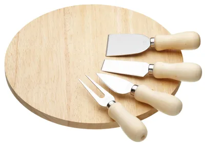 Image de Plateau à fromage rond en bois avec couteaux et fourchettes