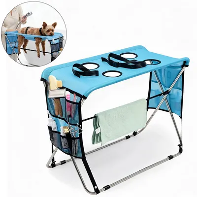 Produktbild von Hundepflegetisch mit Edelstahlgestell, 4 Beinöffnungen, höhenverstellbar und faltbar, für kleine Hunde und Katzen bis 15 kg, Blau