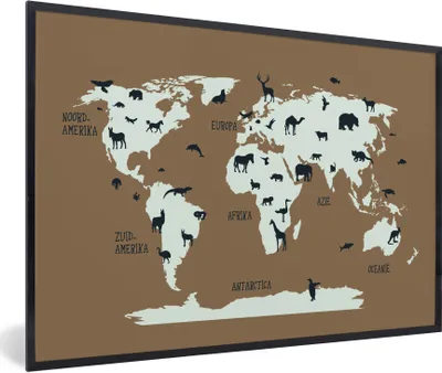 Produktbild von MuchoWow® Gerahmtes Poster Weltkarte - Tiere - Braun 90x60 cm - Poster mit Schwarzem Bilderrahmen Wandposter Rahmen Foto Bilder - Fotorahmen - Foto-Plakat