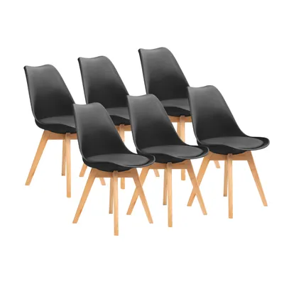A set of six black dining chairs with wooden legs, arranged on a white background.