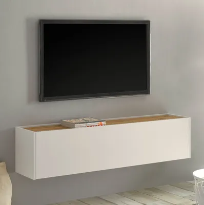Produktbild von TV Hängeschrank Wohnbereich CRISP-61 in weiß mit Absetzungen in Wotan Eiche Nb., B/H/T: ca. 150/35/30 cm