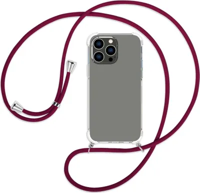 Produktbild von Handykette Backcover-Schutzhülle mit Band (Metall silberfarben) für Apple iPhone 14 Pro Max (6.7'') - dunkelrot
