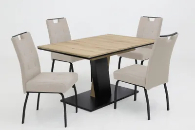 Produktbild von Hela Tische, 5tlg. ESSGRUPPE Ebro, Säulentisch Ausziehbar, Evoke Eiche, Eszimmerstuhl Beige mit Griff, FEDERKORB, Flachrohr Gestell, 140kg belastbar