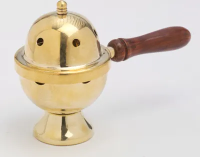 Produktbild von Räucherpfanne, Weihrauchpfanne mit Holzgriff aus Messing Gold Länge 15 cm für Räucherkohle