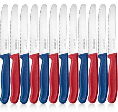 Produktbild von Frühstücksmesser Set 12 Stück Wellenschliff Rostfreier Stahl Klinge 11cm PP Griff Blau&Rot