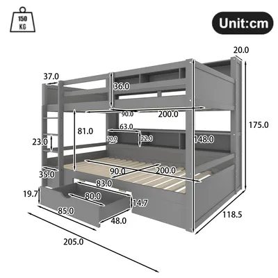 Immagine prodotto di okwish letto per bambini 90x200cm, letto singolo con cassetti e vani portaoggetti, pratico letto a castello per la famiglia, senza materasso grigio