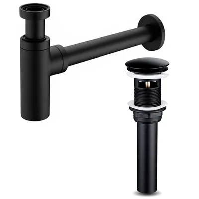 Produktbild von 2er Set Siphon Ablaufgarnitur & Ablaufgarnitur mit Überlauf Waschtisch Abfluss Ventil Messing Schwarz