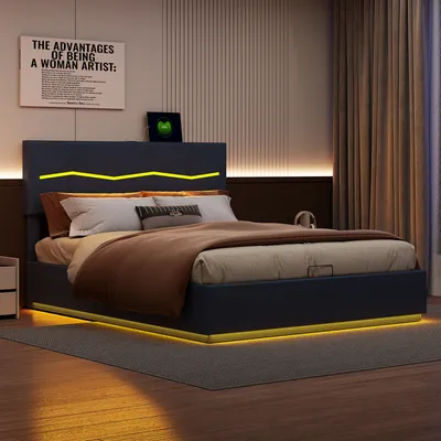 Immagine prodotto di Letto imbottito 160x200 con USB e tipo C, letto a molle con rete a doghe, letto per ragazzi con LED, letto contenitore idraulico letto matrimoniale, PU, grigio