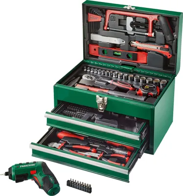 Produktbild von PARKSIDE Werkzeugbox Metall mit 4V Akku Schraubendreher Set 92tlg. PWBM A1