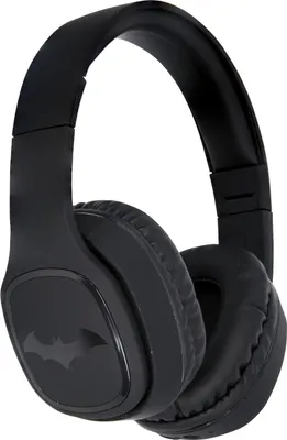A black pair of over-ear headphones with a Batman logo on the side, isolated on a white background.