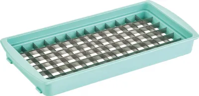 A mint green plastic tray with a silver metal grid insert for cutting food into small cubes.