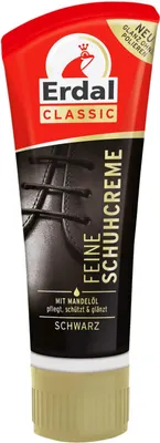 A tube of black shoe cream with a close-up image of a black leather shoe with laces.