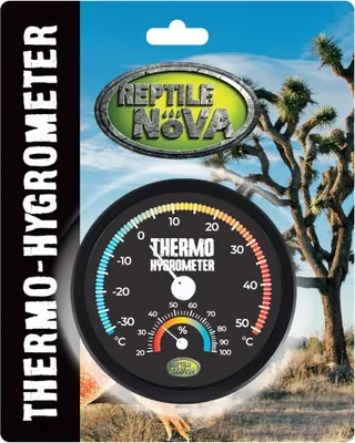 The product is a thermo-hygrometer packaged for retail sale, with a desert-like background featuring a Joshua tree.