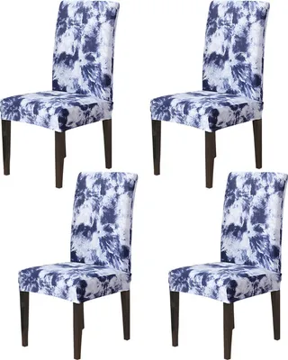 Produktbild von 4 PCS Tie-Dyed Stuhlbezug, Stretch Elasthan Sitzbezüge für Esszimmer Abnehmbarer waschbarer Stuhlschutz /Marineblau
