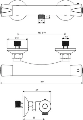 Produktbild von Thermostatische Duscharmatur aus Messing, Chrom, 2 Griffe, Aufputz, 9 l/min
