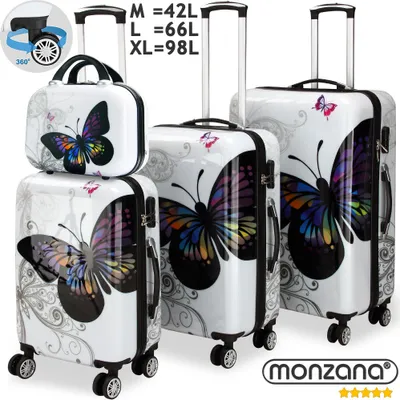 Produktbild von MONZANA Reisekofferset 4tlg Butterfly Hartschalenkofferset mit Schloss & Beautycase 360° Rollen Schutzfolie Netzfach 2 Wege Reißverschluss Koffer
