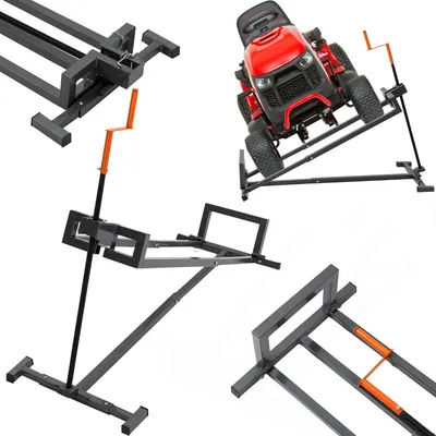 A collage of images showing a lawn tractor lift and its components from different angles.
