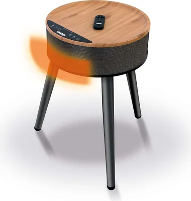 Der Unold Heizlüftertisch Henry ist ein runder Beistelltisch mit Holzplatte, schwarzen Beinen, einge