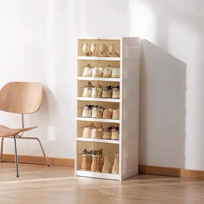 Image de Armoire à chaussures Étagère à chaussures 6 niveaux Boîte à chaussures pliable Organisateur de chaussures empilable avec porte