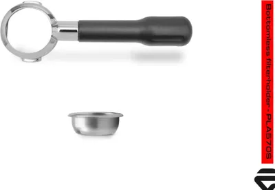 A bottomless portafilter and a coffee filter basket are shown against a white background.