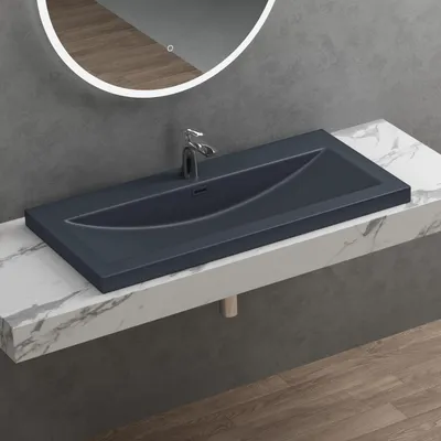 Image de doporro Lavabo Vasque Gris Noir Mat 100cm à Encastrer Colossum01 Fonte Minérale Solid Surface 100x48x13cm