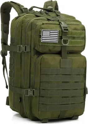 A green tactical army backpack with an American flag patch.