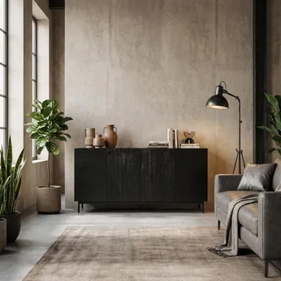 Produktbild von Schwarze Akazienholz Kommode FLUETE 4-türig mit Lamellenfront 80x40x40 cm