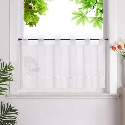 Produktbild von Unyqoos® Vitrage-Vorhang im Landhausstil mit Schlaufen, Leinenoptik, halbtransparent Weiß, Bistrogardine 45 x 120 cm, 100% Polyester
