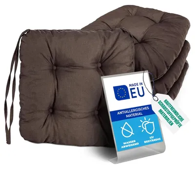 Zdjęcie produktu dla Pillows24 – 8 poduszek ogrodowych 40x40 – wyjątkowo grube (8 cm) – wodoodporne i odporne na promieniowanie UV + paski | Wygodne poduszki na krzesła ogrodowe (brązowe)
