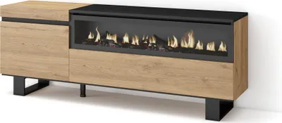 Image de COZY Meuble TV, Banc Télé, 150x35x57cm, Pour les TV jusqu'à 65", Cheminée électrique, Chêne et noir