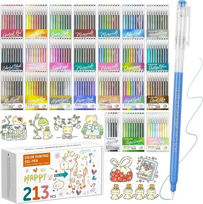 Productafbeelding van Gelstiften - Set van 213 - 0,6 mm fijne punt - 207 kleuren (204 + 3 wit/3 zilver/3 goud) gelstiften