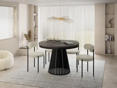 Produktbild von Esstisch Rund Ausziehbar mit Lamellen im Loft-Stil – 120 bis 200 cm – Industrieller Tisch mit Schwarzen Metallbeinen, Platzsparend für Wohnzimmer oder Esszimmer – Beton-Optik Dunkelgrau