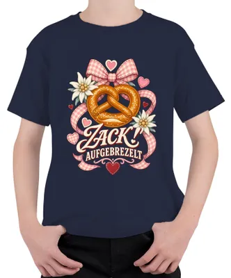 Immagine prodotto di Zack! Maglietta per bambini, blu scuro, con motivo "Bretzel", "Edelweiß", "Oktoberfest", "Herz" (cuore) e "Lederhose" (pantaloni di pelle tradizionali bavaresi), taglia 152