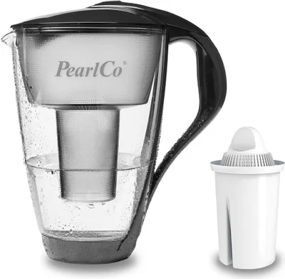 A PearlCo glass water filter pitcher with a separate filter cartridge shown next to it.