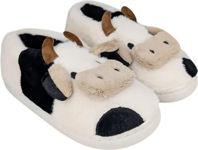 Produktbild von Damen Gefüttert Slippers Isoliert Slip On Hausschuhe mit Kuh Muster Weiß Gr.36