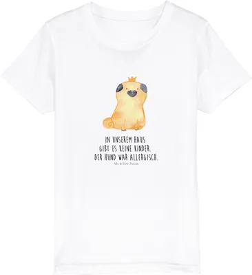 Produktbild von Mr. & Mrs. Panda Kindershirt Mops Krone 7-8 Jahre (122/128) - Weiß - Geschenk, Hund, Königlich, T-Shirt Jungen, Kleinkinder, Sprüche, Teenager, Lustig, Kinder Mädchen
