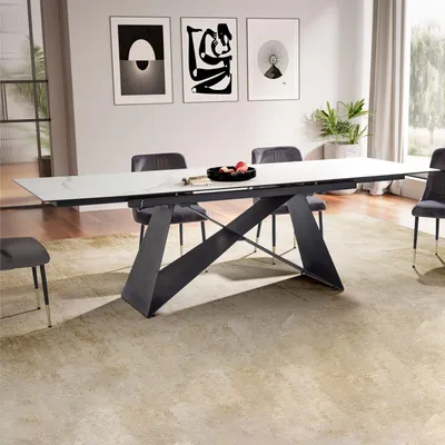 Image de Table à manger extensible FineBuy 180–260 cm, plateau en verre-céramique blanc, table à manger moderne avec piètement métallique en X – résistante aux rayures et à la chaleur, facile d'entretien