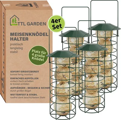 Produktbild von TTL GARDEN 4er Set Meisenknödelhalter mit Dach 31cm Grün Metall Vogelfutterspender Outdoor