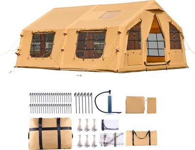 Immagine prodotto di SucceBuy Tenda da campeggio gonfiabile per 8-12 persone con pompa a mano, tenda glamping 4,8x3,6x2,2 m con lucernari, tettoia, apertura a forno, due porte, finestre a rete e borsa di trasporto