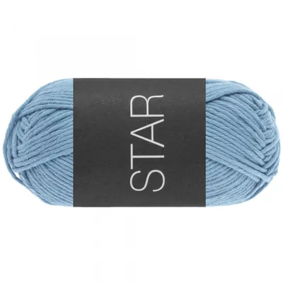 A ball of blue yarn with a black label.