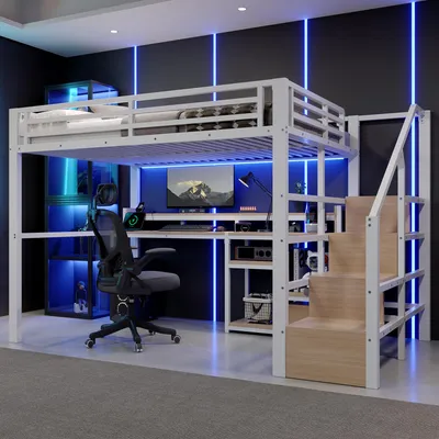 Image de Lit superposé Merax, 140x200 cm, avec échelle intégrée, barre lumineuse LED, ports USB et Type-C, étagère, lit pour enfant en métal, blanc