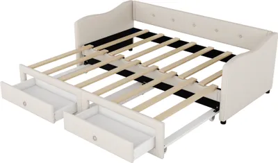 Produktbild von Schlafsofa mit Bettfunktion und Schubladen, 90x200 cm/180x200 cm, Polsterbett, Bezug aus Leinen