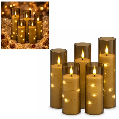 Image de Ensemble de 5 bougies LED avec guirlande lumineuse et télécommande, effet scintillant, lumière blanc chaud, avec des gobelets en acrylique gris