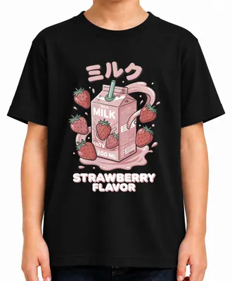 Obrázok produktu pre Tričko s motívom "Japonské mlieko s príchuťou jahody", štýl "kawaii", s odkazom na Japonsko, éru Y2K, manga estetiku, čierna farba, veľkosť 104