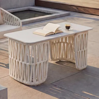 Produktbild von Loungetisch HWC-P90, Gartentisch Balkontisch Outdoor, Seilgeflecht Rope Sinterstein 43x90x45cm  creme, Platte creme