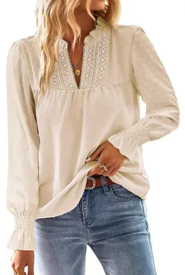 Image de TUUHAW - Tunique pour femme, manches longues, style bohème, blouse élégante et douce, couleur pêche, taille XL