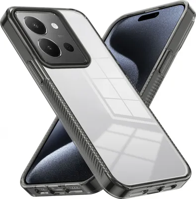 Two transparent phone cases with black bumpers are shown diagonally against a white background.